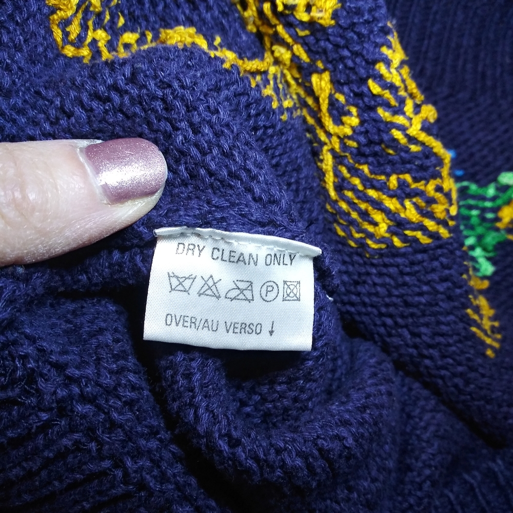 Vintage 1980's Liz Claiborne Navy Floral Embroidered Silk & Cotton Sweater - Picture 7 of 8